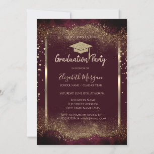 Diamonds Gold Grad Cap Glitter Burgundy Graduation Invitation