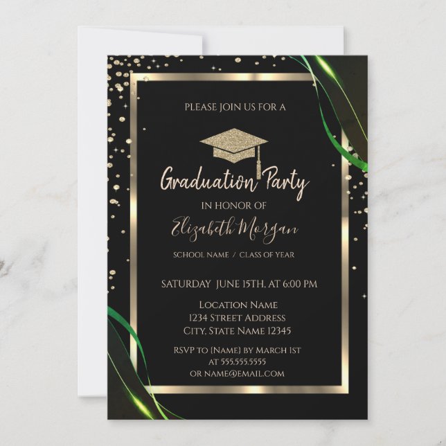 Diamonds Gold Grad Cap Green Black Graduation  Invitation (Front)