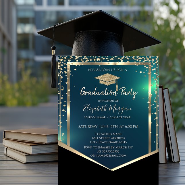Diamonds Gold Grad Cap Green Graduation  Invitation (Creator Uploaded)