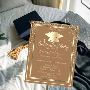 Diamonds Gold Grad Cap Light Brown Graduation   Invitation
