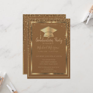 Diamonds Gold Grad Cap Light Brown Graduation Invitation