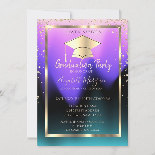 Diamonds Gold Grad Cap Ombre Graduation  Invitation (Front)