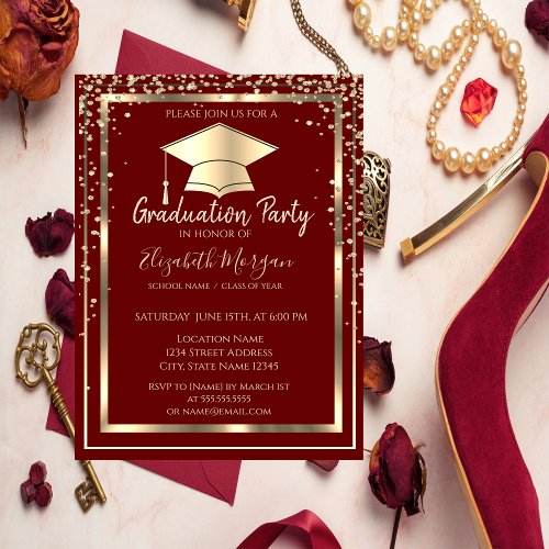 Diamonds Gold Grad Cap Red Graduation  Invitation