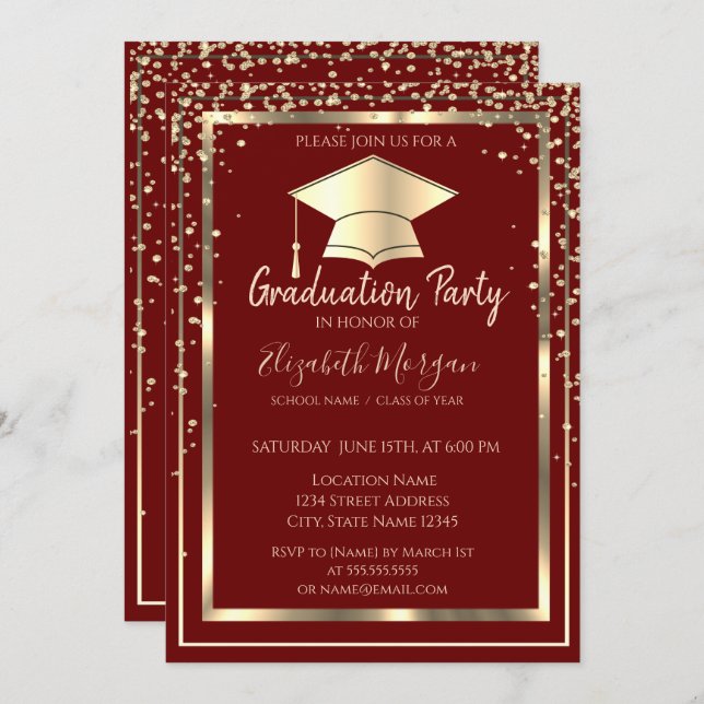 Diamonds Gold Grad Cap Red Graduation  Invitation (Front/Back)