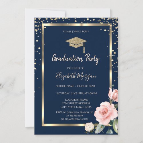 Diamonds Gold Grad Cap Roses Navy Blue Graduation Invitation