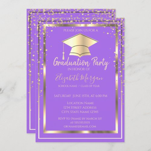 Diamonds Gold Grad Cap Violet Graduation   Invitation