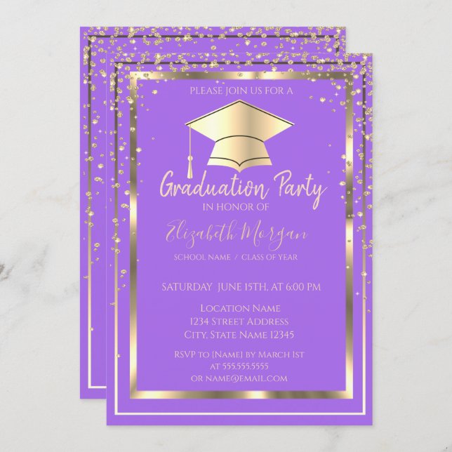 Diamonds Gold Grad Cap Violet Graduation   Invitation (Front/Back)