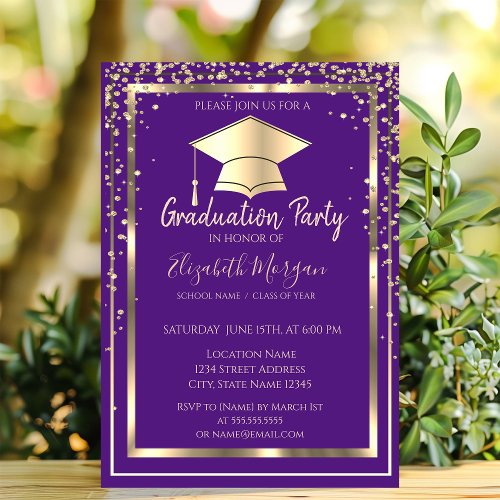 Diamonds Gold Grad Cap Violet Graduation   Invitation