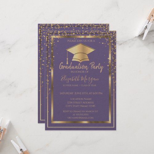 Diamonds Gold Grad Cap Violet Graduation Invitation