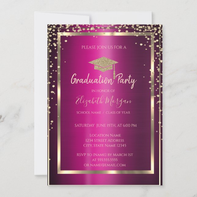 Diamonds Gold Grad Cap Violet Metallic Graduation Invitation (Front)