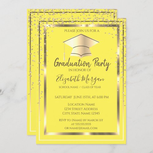 Diamonds Gold Grad Cap Yellow Graduation   Invitation