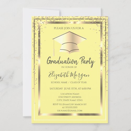 Diamonds Gold Grad Cap Yellow Graduation   Invitation