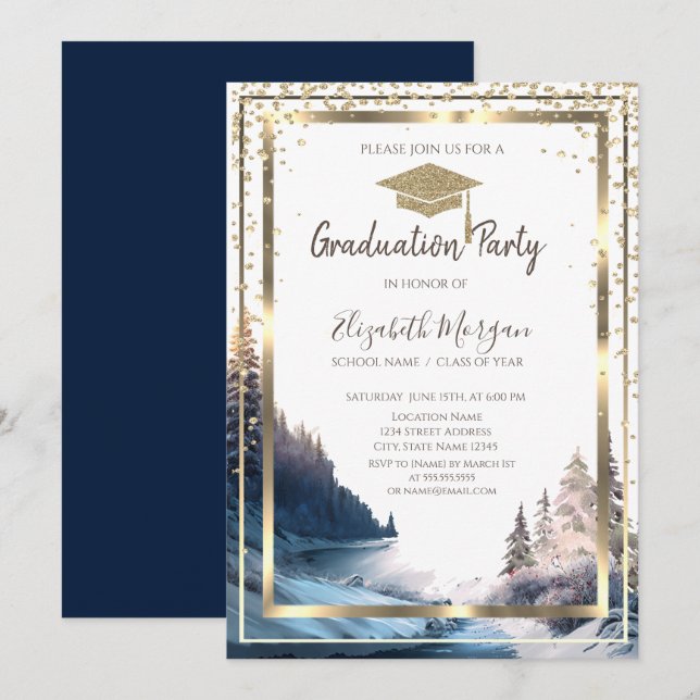 Diamonds Gold Graduation Cap Landscape Graduation Invitation (Front/Back)