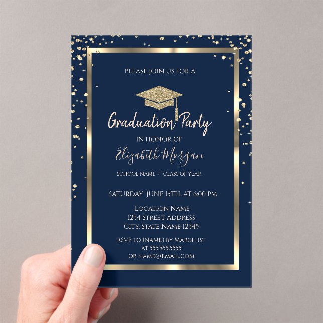 Diamonds Gold Graduation Cap Navy Blue Graduation Acrylic Invitations (Insitu (Handheld))