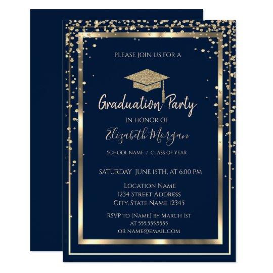 Diamonds Gold Graduation Cap Navy Blue Graduation Invitation | Zazzle.com