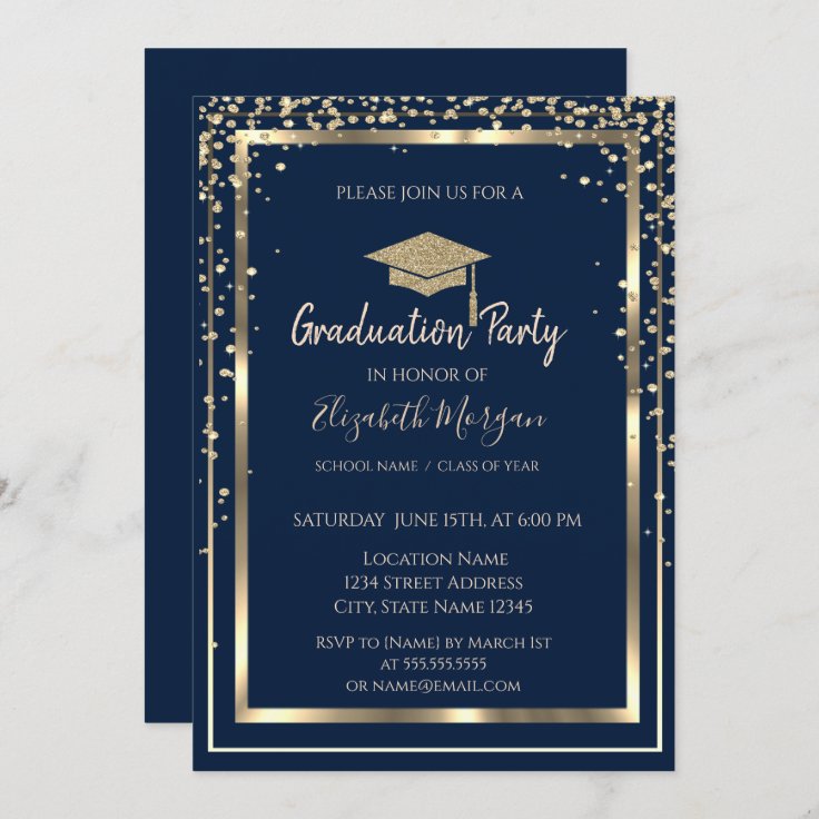 Diamonds Gold Graduation Cap Navy Blue Graduation Invitation | Zazzle