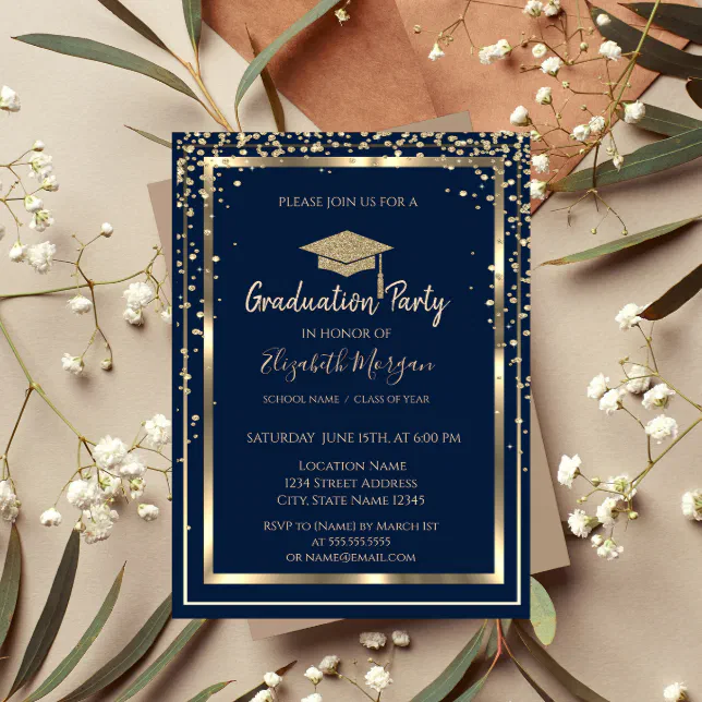 Diamonds Gold Graduation Cap Navy Blue Graduation Invitation | Zazzle