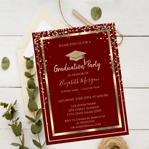 Diamonds Gold Graduation Cap Red Graduation Invitation