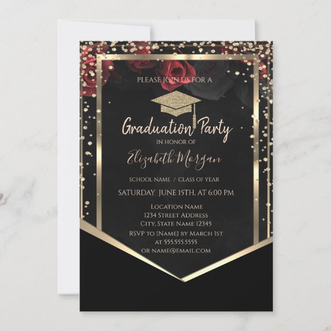 Diamonds Gold Graduation Cap Roses Graduation Invitation (Front)