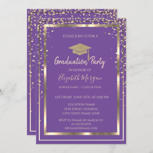 Diamonds Gold Graduation Cap Violet Graduation  Invitation