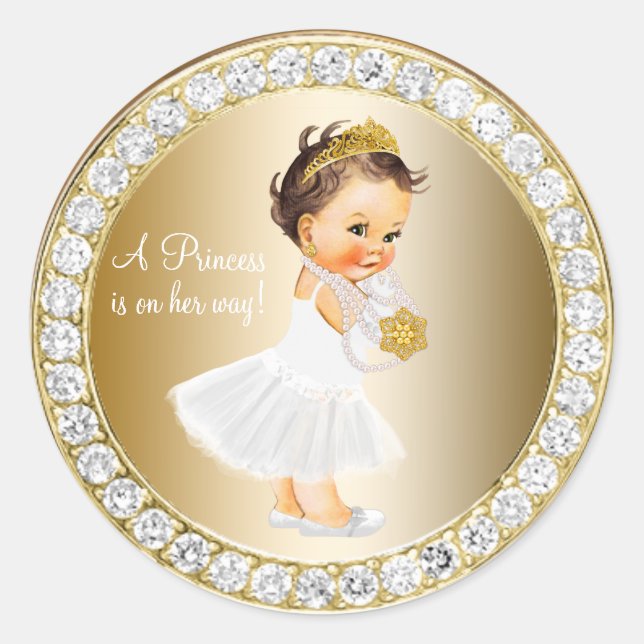 Diamonds Gold Princess Baby Shower Favor Classic Round Sticker (Front)