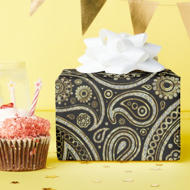 Diamonds & Gold Print Paisley Pattern On Black Wrapping Paper (Birthday Party)