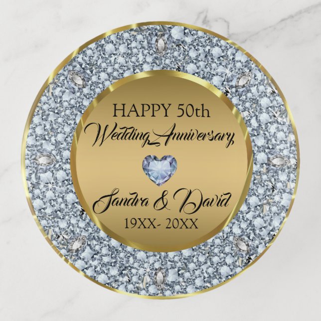 Diamonds & Gold Ring- 50th Wedding Anniversary Trinket Tray (Front)