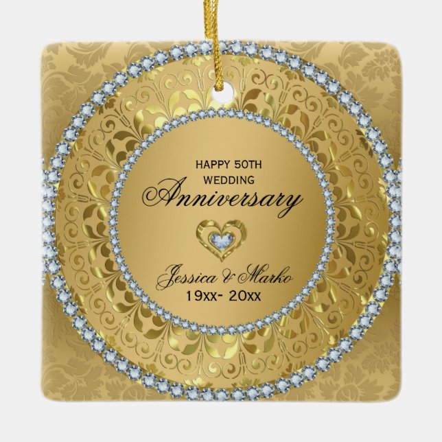Diamonds & Gold Rings 50th Wedding Anniversary Ceramic Ornament (Front)