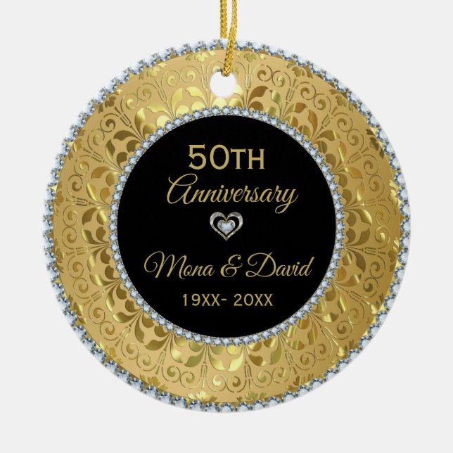 Diamonds & Gold Silver Heart Ceramic Ornament (Front)