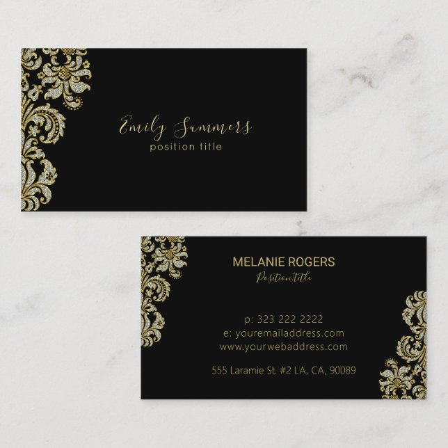 Diamonds & Gold Swirl On Black Business Card (Front/Back)