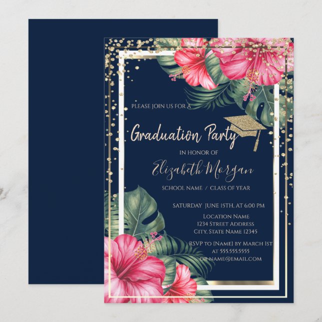 Diamonds Grad Cap Hibiscus Navy Blue Graduation Invitation (Front/Back)