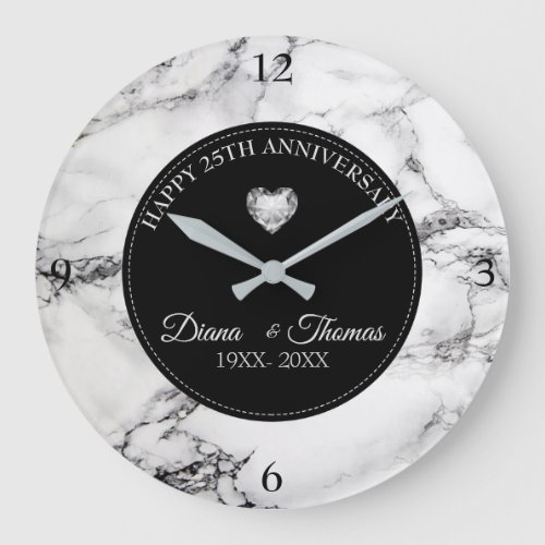 Diamonds Heart And Black White Marble Stone Large Clock