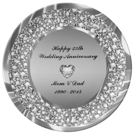 Diamonds Heart And Silver Glitter 25th Anniversary Dinner Plate