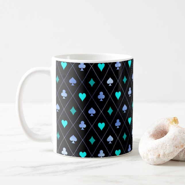 Diamonds Hearts Spades Clubs Playing Cards Pattern Coffee Mug (With Donut)