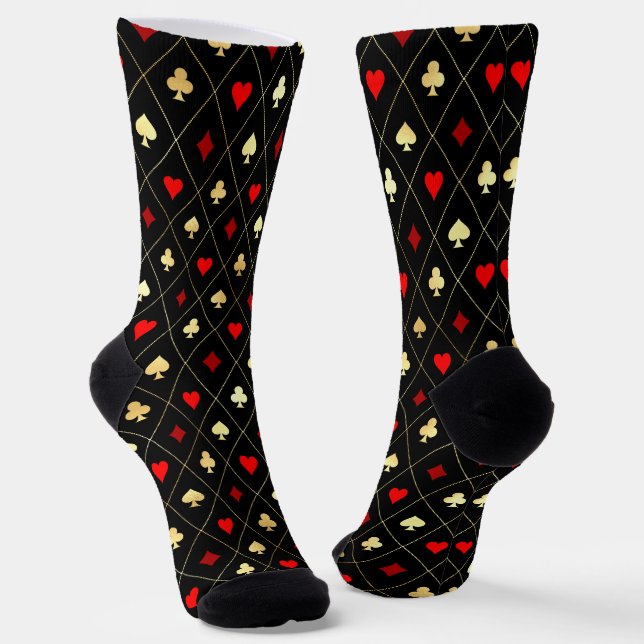 Diamonds Hearts Spades Clubs Playing Cards Pattern Socks (Angled)