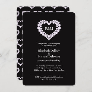 Diamonds in a heart black wedding invitation