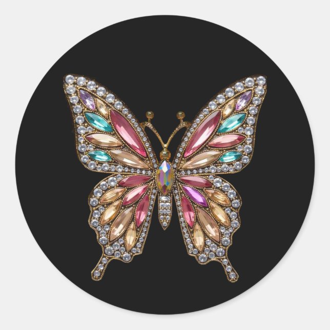 Diamonds Jeweled Rhinestone Butterfly Classic Round Sticker (Front)