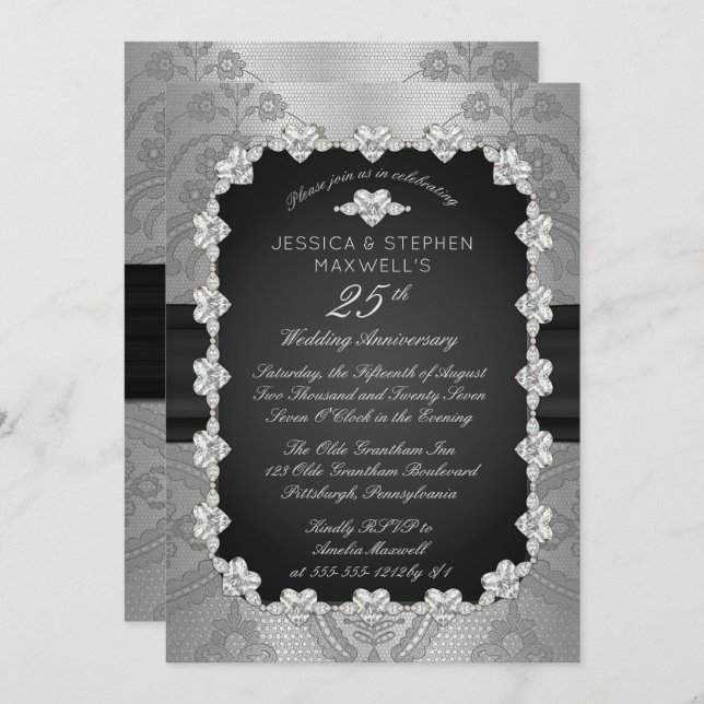 Diamonds | Lace 25th Silver Wedding Anniversary Invitation (Front/Back)