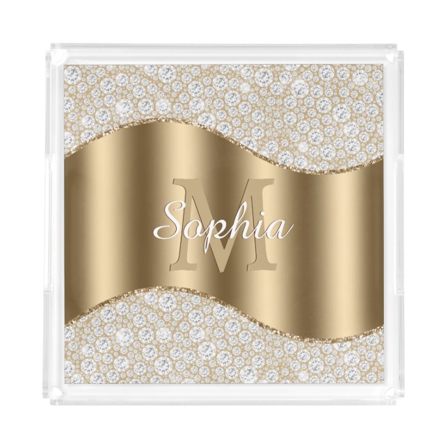 Diamonds, Large Gold Monogram, White Script Name Acrylic Tray (Front)