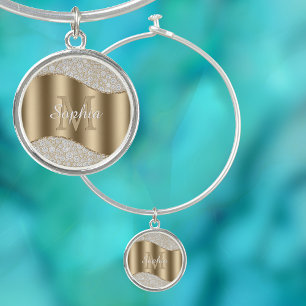 Diamonds, Large Gold Monogram, White Script Name Bangle Bracelet