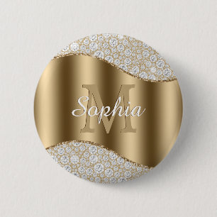 Diamonds, Large Gold Monogram, White Script Name Button