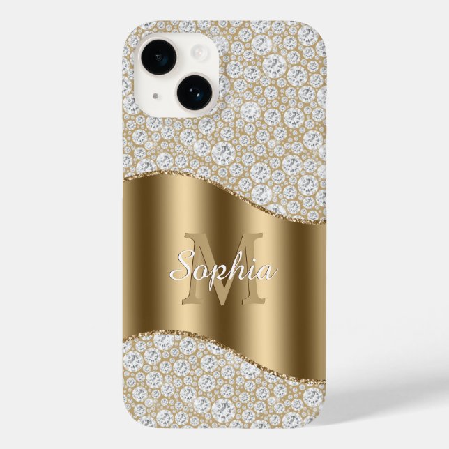 Diamonds, Large Gold Monogram, White Script Name Case-Mate iPhone Case (Back)