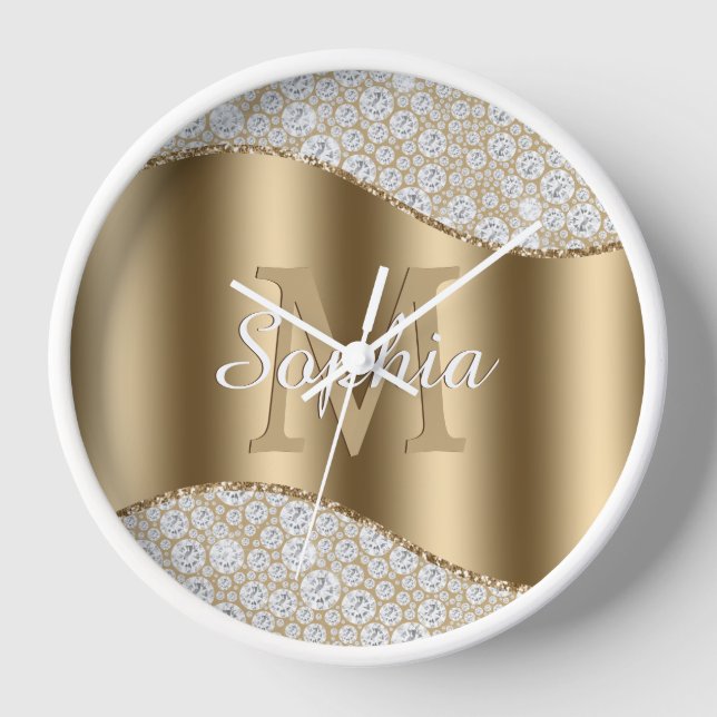 Diamonds, Large Gold Monogram, White Script Name Clock (Front)