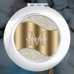Diamonds, Large Gold Monogram, White Script Name Compact Mirror