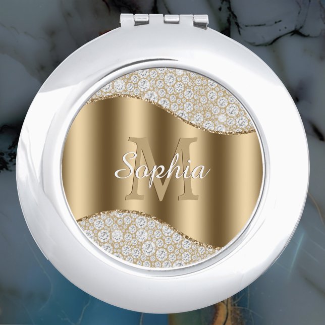 Diamonds, Large Gold Monogram, White Script Name Compact Mirror (Creator Uploaded)
