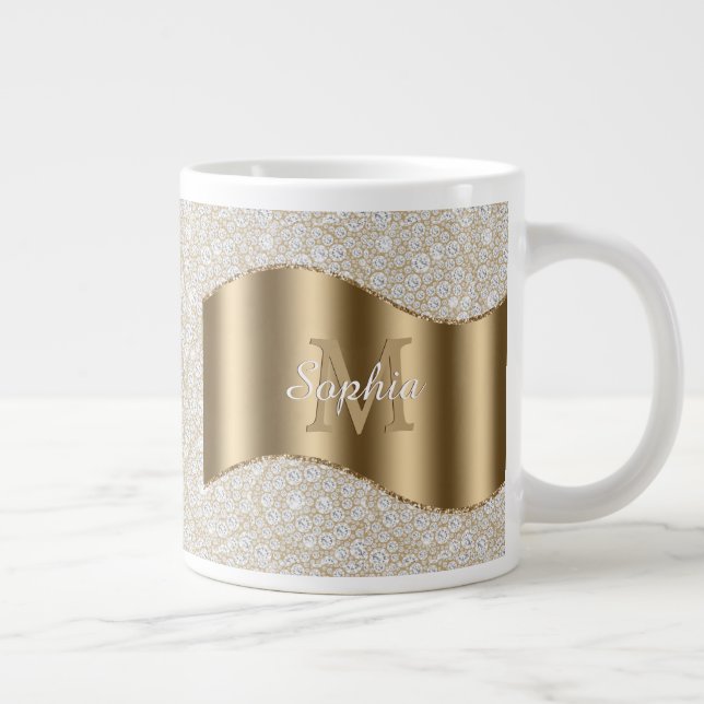 Diamonds, Large Gold Monogram White Script Name Giant Coffee Mug (Right)