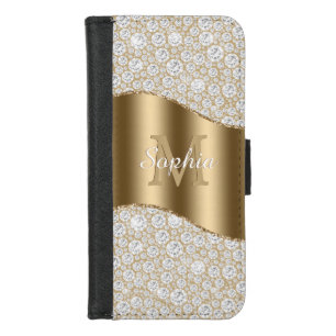 Diamonds, Large Gold Monogram, White Script Name iPhone 8/7 Wallet Case