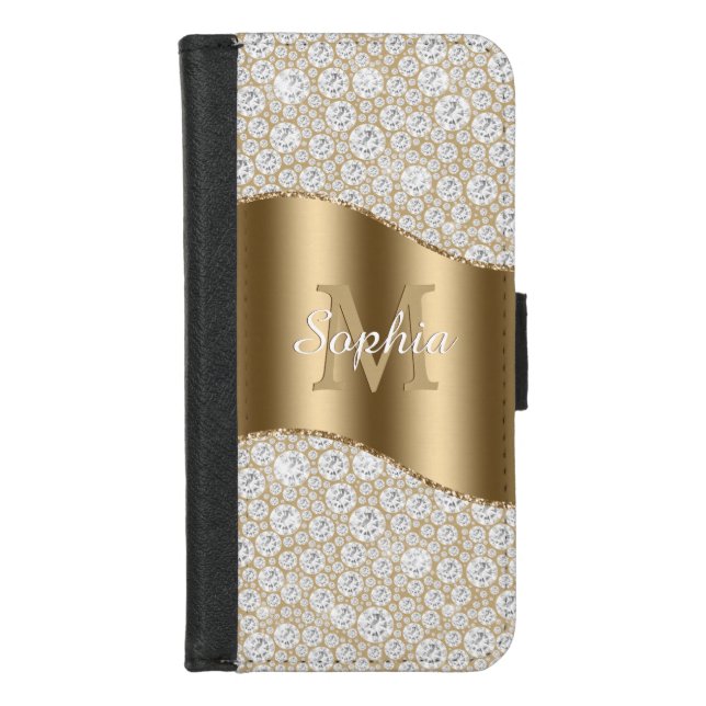 Diamonds, Large Gold Monogram, White Script Name iPhone Wallet Case (Front)