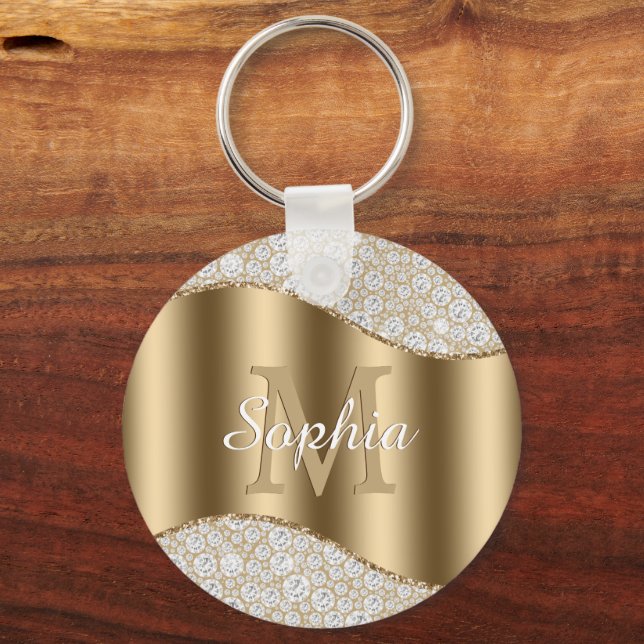 Diamonds, Large Gold Monogram, White Script Name Keychain (Front)