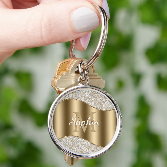 Diamonds, Large Gold Monogram, White Script Name Keychain (Creator Uploaded)
